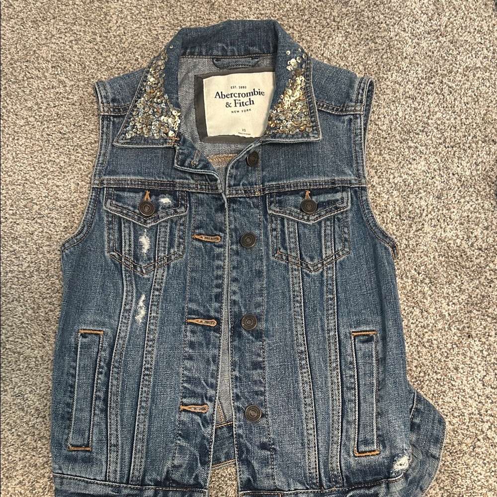 Abercrombie & Fitch Blue Denim Vest with Sequin Collar